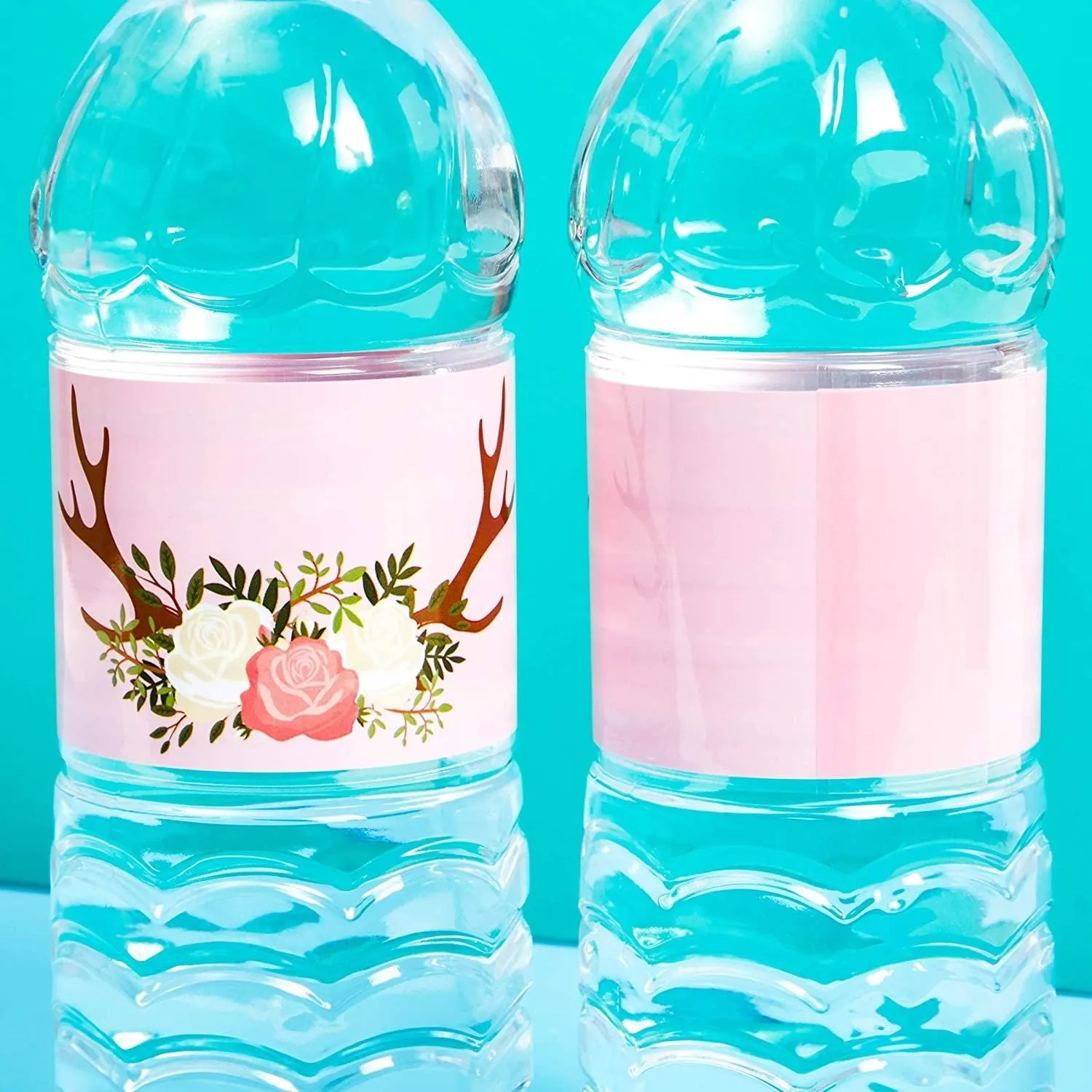 100 Pack Deer Antler Water Bottle Labels, Pink Floral Stickers for Girls Baby Shower, Wedding & Bridal Shower Party Favors & Decorations