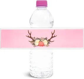 100 Pack Deer Antler Water Bottle Labels, Pink Floral Stickers for Girls Baby Shower, Wedding & Bridal Shower Party Favors & Decorations