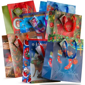 12 Assorted 13 Inch Christmas Gift Bags: Bulk Tissue Paper Bags Large Size