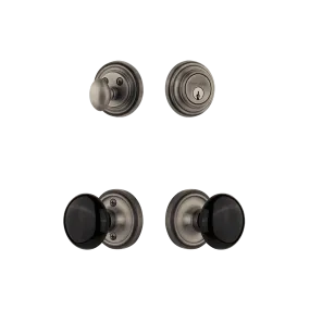 Classic Rosette Entry Set with Black Porcelain Knob in Antique Pewter