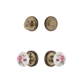 Classic Rosette Entry Set with White Rose Porcelain Knob in Antique Brass