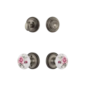 Classic Rosette Entry Set with White Rose Porcelain Knob in Antique Pewter