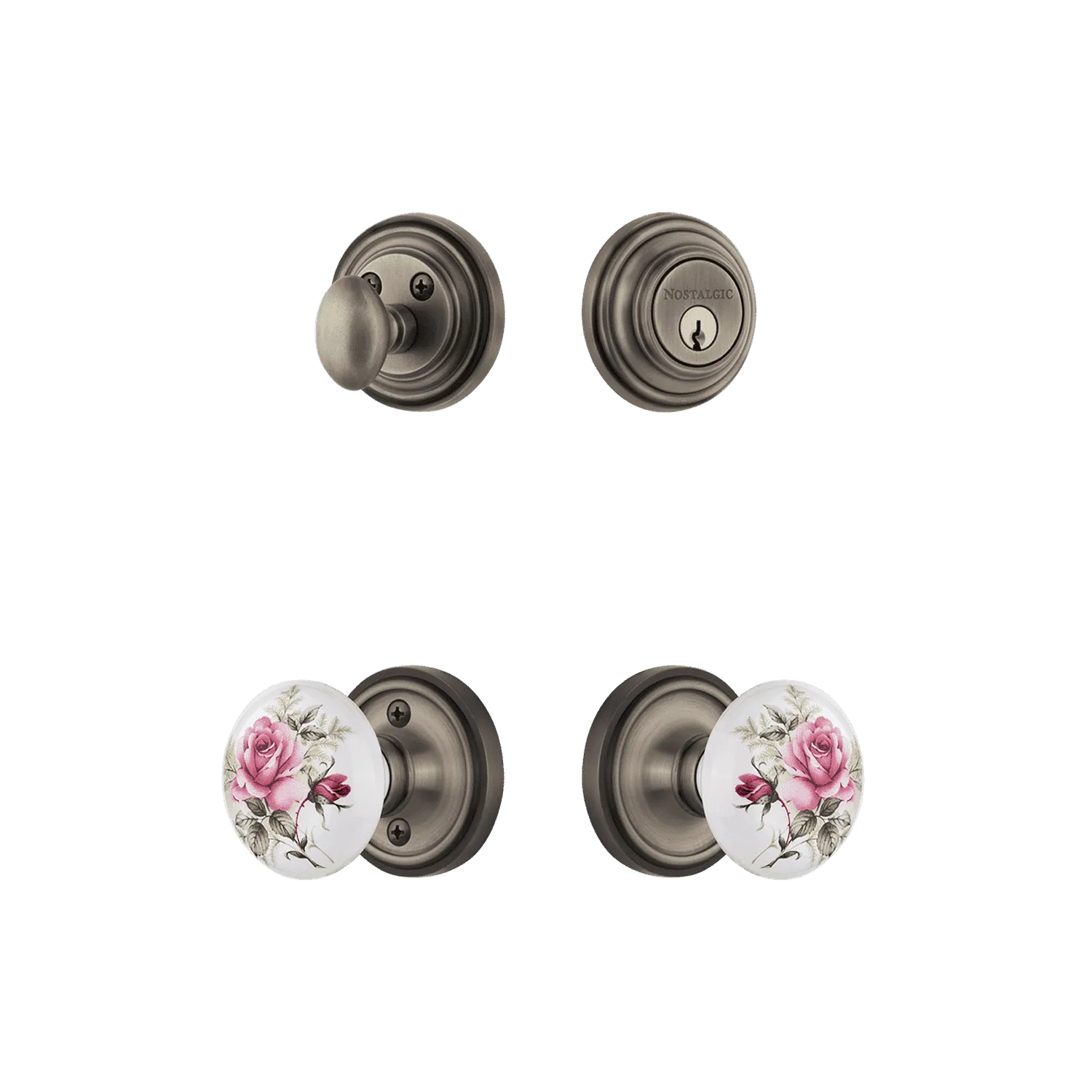 Classic Rosette Entry Set with White Rose Porcelain Knob in Antique Pewter