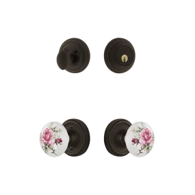 Classic Rosette Entry Set with White Rose Porcelain Knob in Oil-Rubbed Bronze