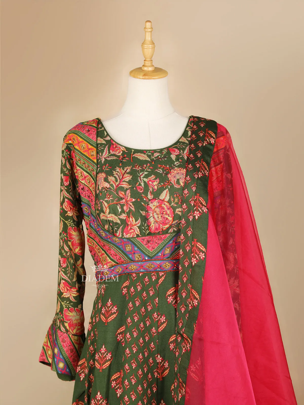 Dark Green Floral Printed Gown and Dupatta