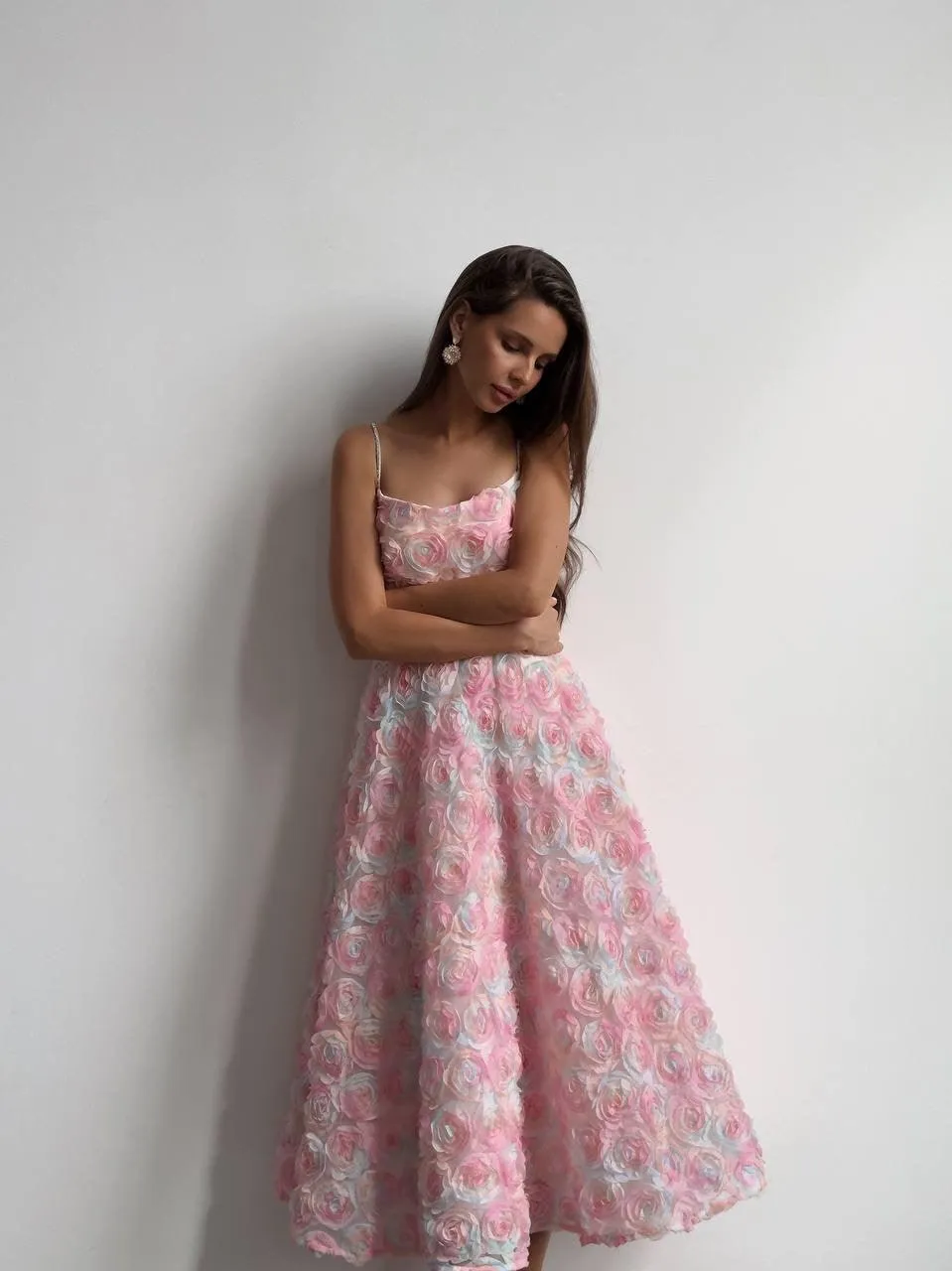 Elegant Floral Midi Pink Dress