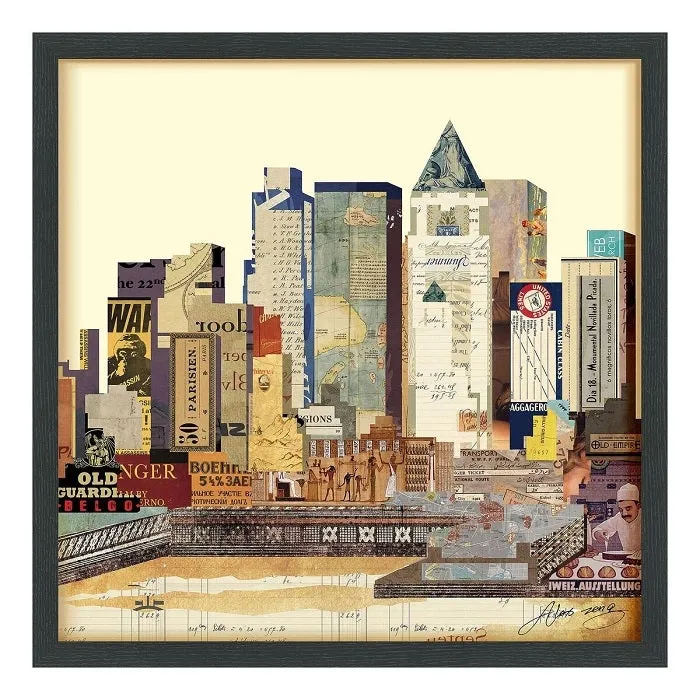 "New York City Skyline" Dimensional Collage Framed Graphic Art Under Glass Wall Art