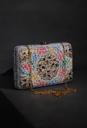 Saiyad Ivory White Floral Kashmiri Mache Clutch